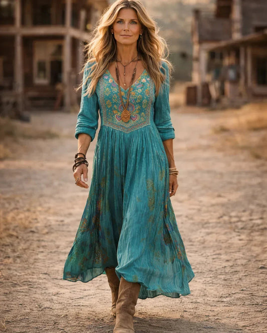 Women's embroidered boho maxi dress with V-neck and long sleeves – Teal