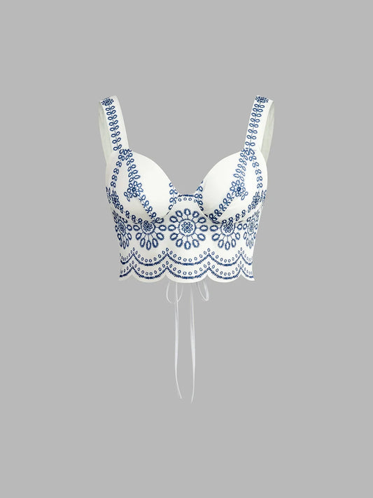 Women's embroidered two-piece outfit with crop top and maxi skirt and tie-back – Bluewhite