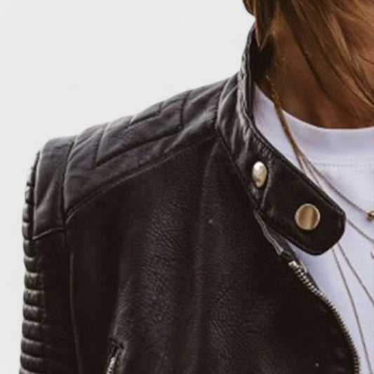 Women's faux-leather jacket with moto zipper and quilted shoulders – Black