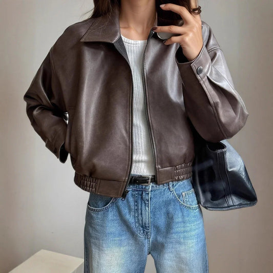 Women's faux leather bomber jacket zip-up long sleeve – Dark Brown