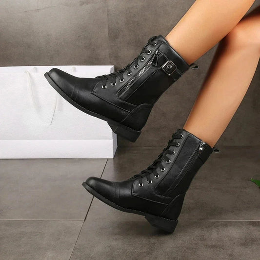 Women's faux leather combat boots with lace-up, side zipper and buckle detail – Black