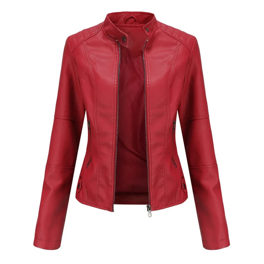 Women's faux leather jacket with stand collar and zip pockets – Red