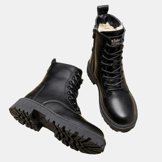 Women's faux leather lace-up fleece-lined combat ankle boots – Black
