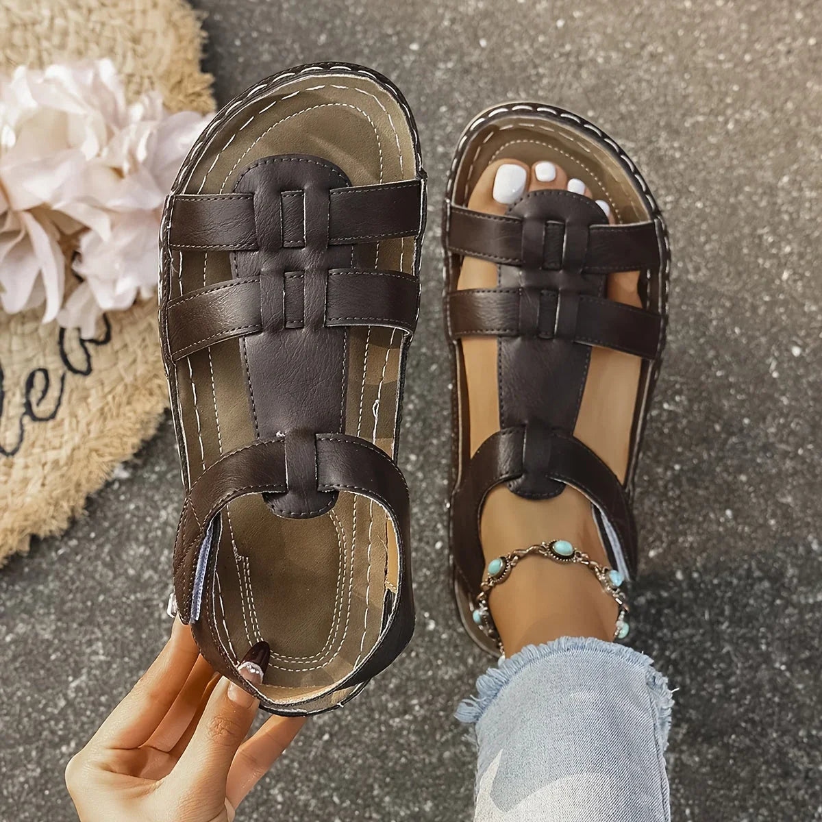 Women's faux leather platform sandals with T-strap hook-and-loop closure