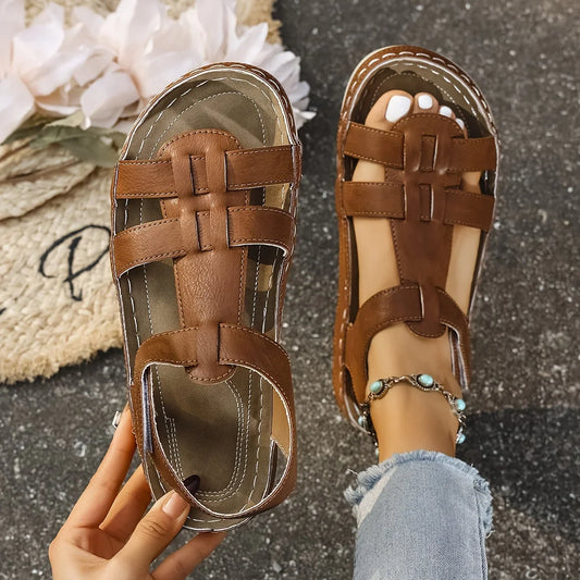 Women's faux leather platform sandals with T-strap hook-and-loop closure