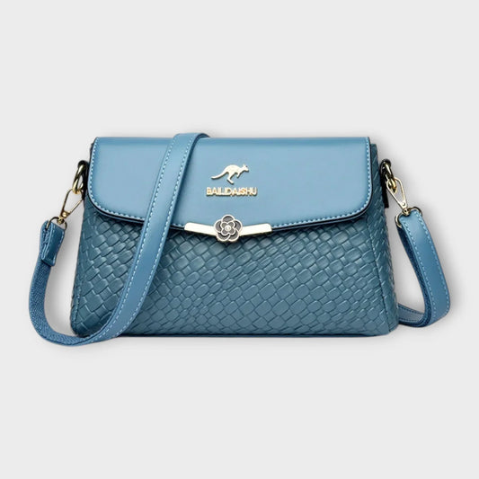 Women's faux leather woven texture shoulder bag with flap closure and adjustable strap – Blue