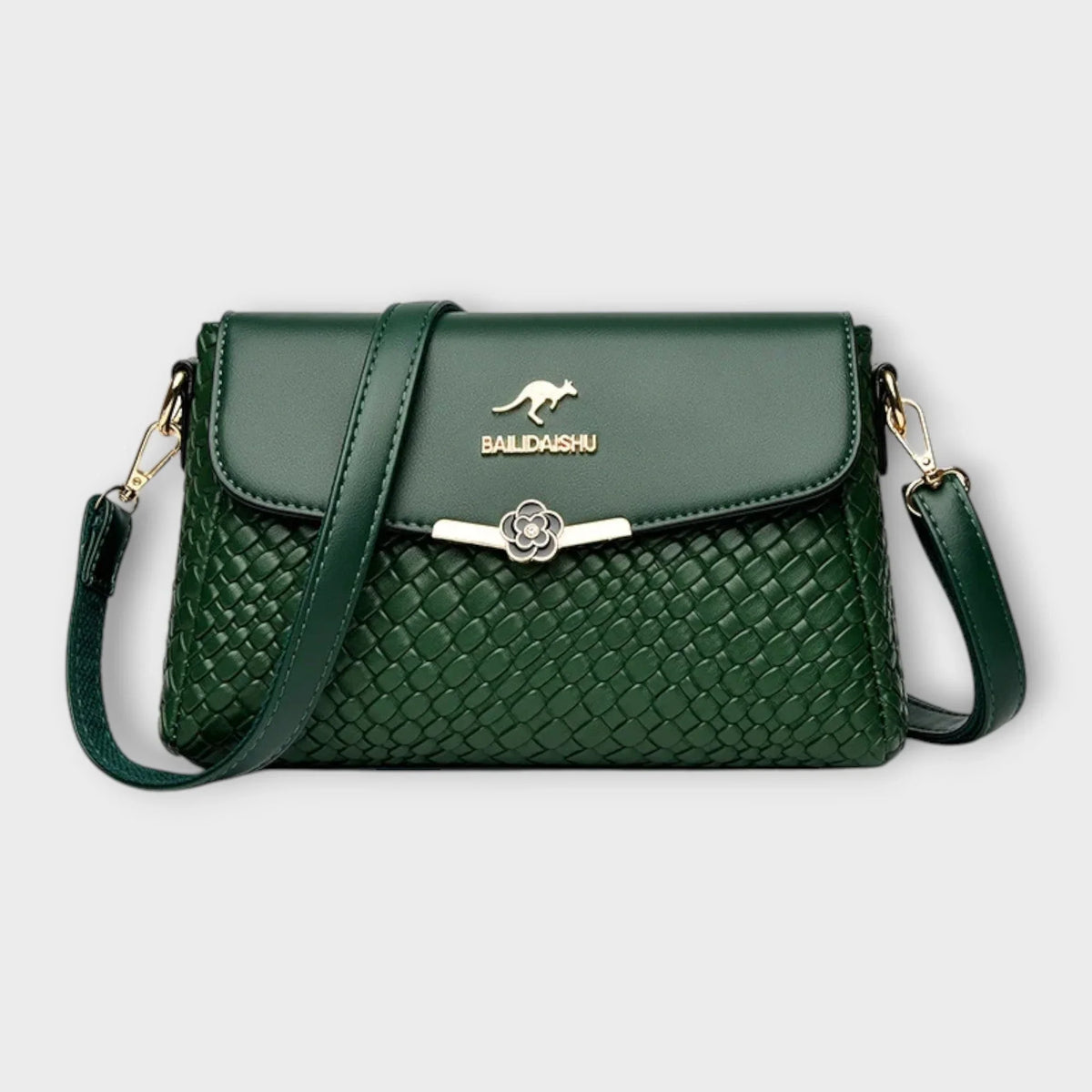 Women's faux leather woven texture shoulder bag with flap closure and adjustable strap – Green