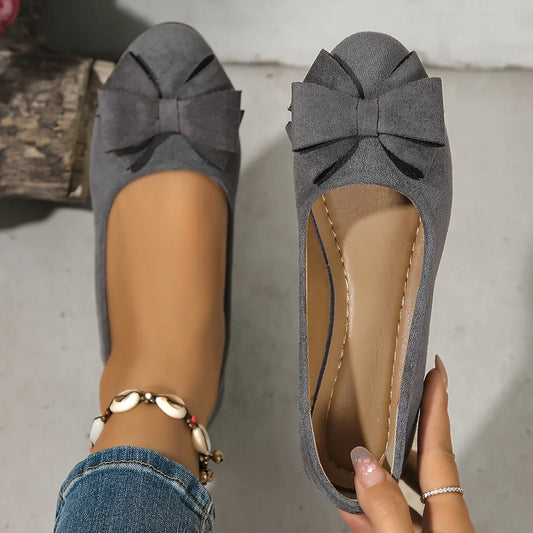 Women's faux suede bow-detail round-toe ballet flats slip-on – Grey