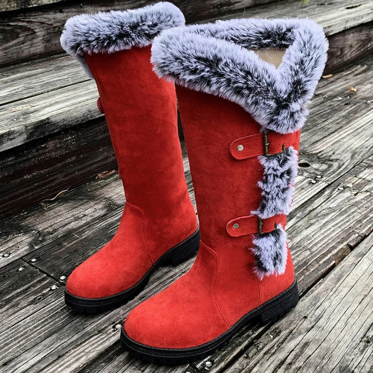 Women's faux-suede fur-trim buckle knee high boots – Red