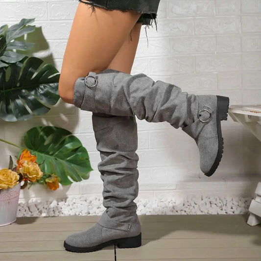 Women's faux suede slouchy knee-high boots with buckle and lug sole – Light Grey