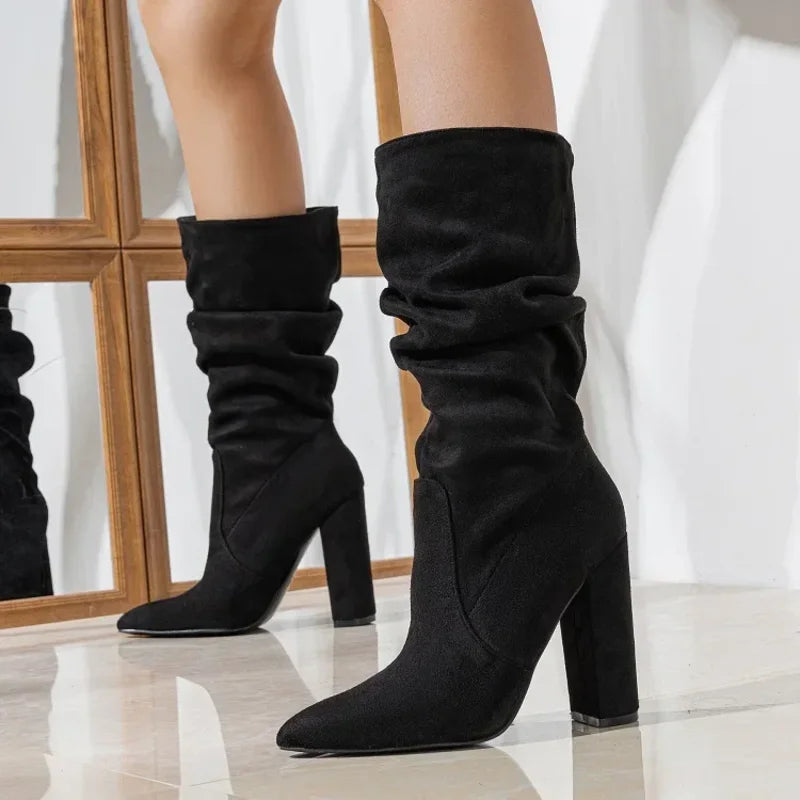 Women's faux-suede slouchy pointed-toe block-heel boots