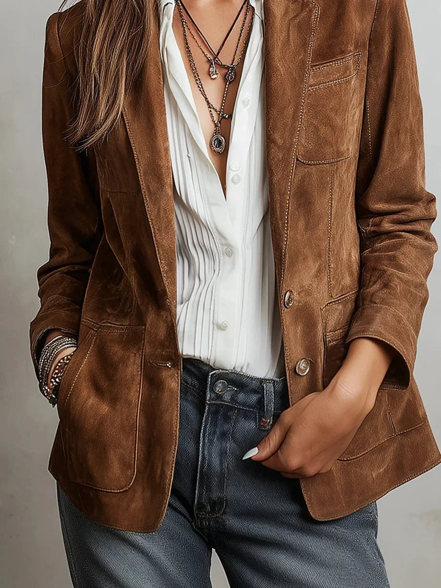 Women's faux suede tailored single-breasted cardigan blazer – Brown