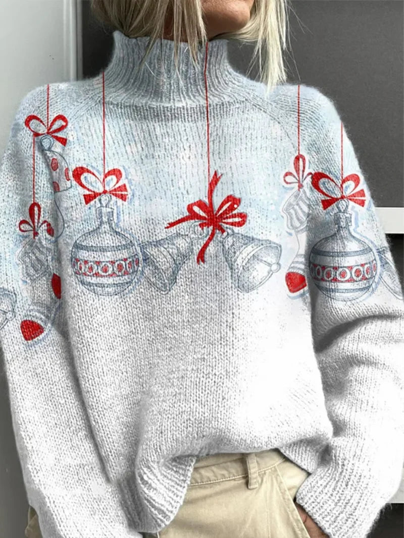 Women's festive Christmas ornament knit sweater with turtleneck and long sleeves – Grey