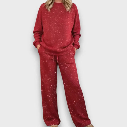 Women's flecked knit relaxed matching set with long-sleeve top wide-leg trousers – Red