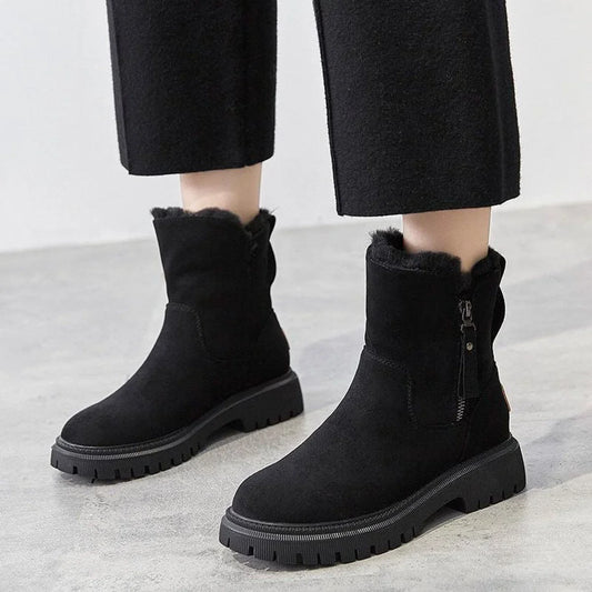 Women's fleece-lined suede slip-on winter ankle boots – Black