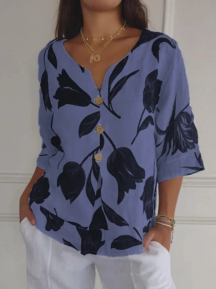 Women's floral 3/4-sleeve blouse with V-neck button-up detail – Blue