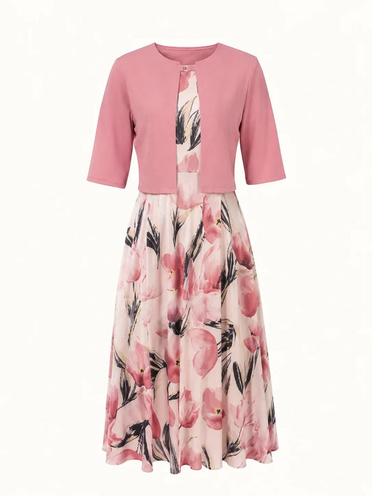 Women's floral A-line maxi dress set with cropped 3/4-sleeve open-front jacket – Pink