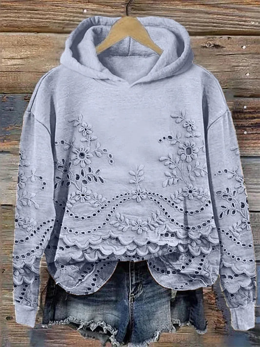 Women's floral embroidered eyelet hoodie with scalloped hem and long sleeves – Blue