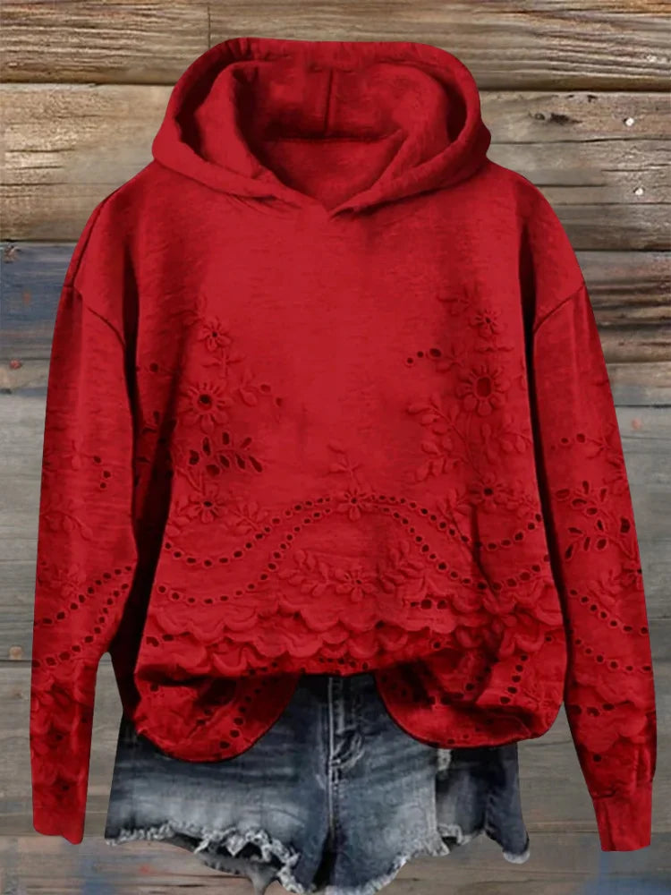 Women's floral embroidered eyelet hoodie with scalloped hem and long sleeves – Red