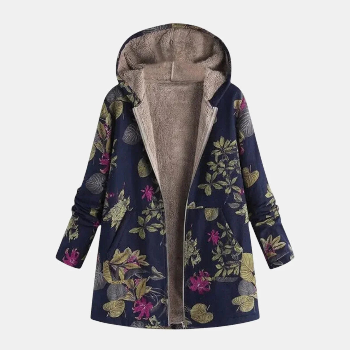 Women's floral hooded sherpa-lined full-zip coat with side pockets – Dark Blue