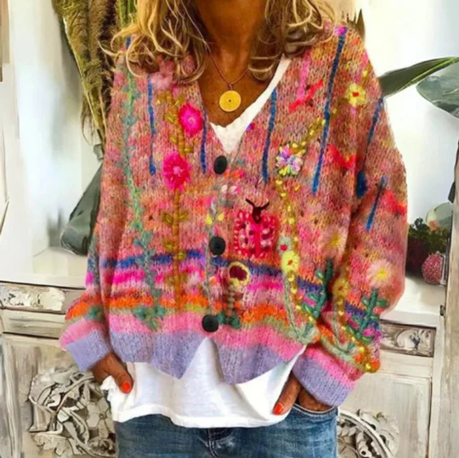 Women's floral knit button-front cardigan sweater – Red