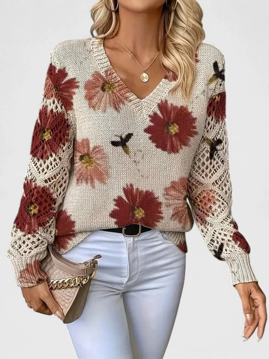 Women's floral knit sweater with V-neck and long open-knit sleeves – Red
