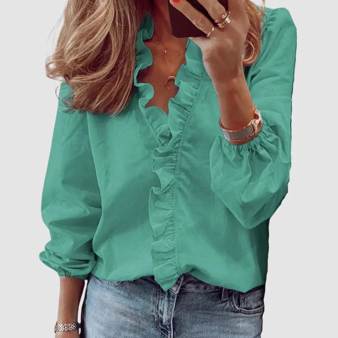 Women's floral long sleeve blouse with ruffled V-neck and gathered cuffs – Green