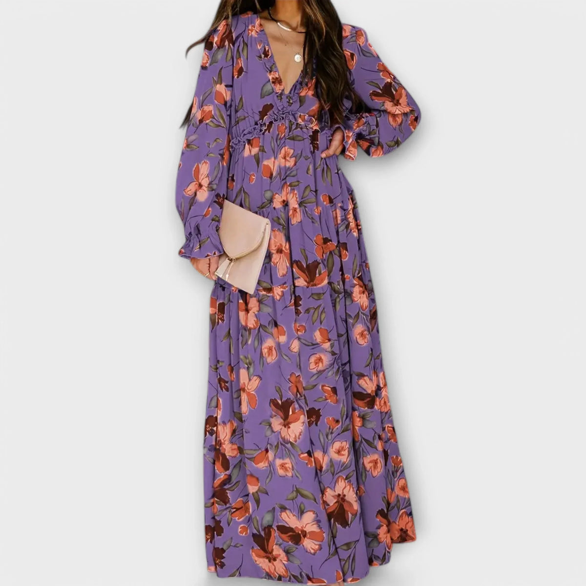 Women's floral long-sleeve maxi dress with ruffled V-neck and tiered skirt – Dark Purple
