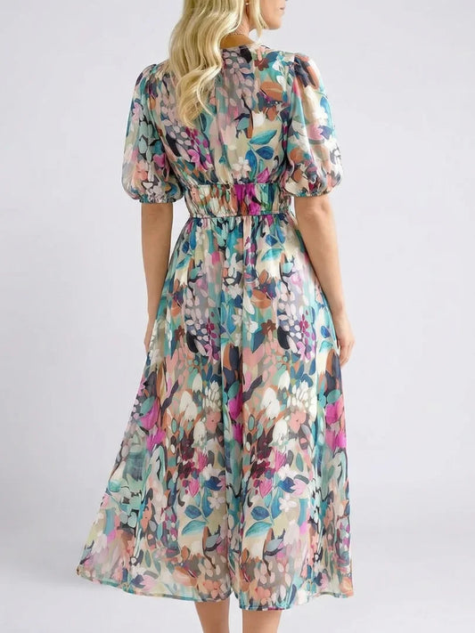 Women's floral midi dress with V-neck puff sleeves and elasticated waist – Floral