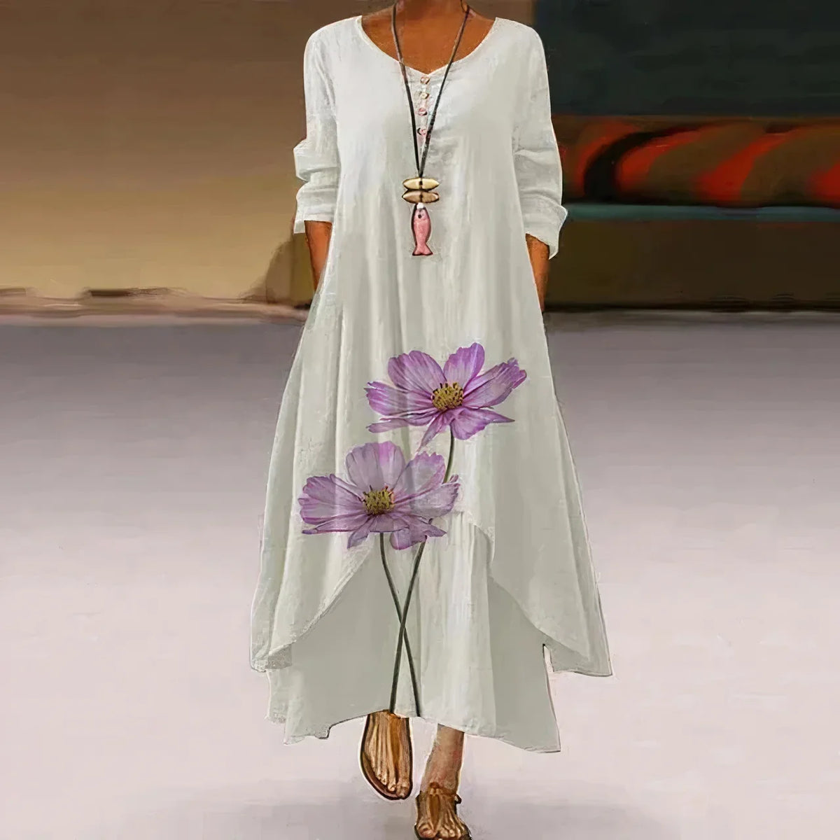 Women's floral-print long-sleeve loose maxi dress with V-neck and layered hem – White 3