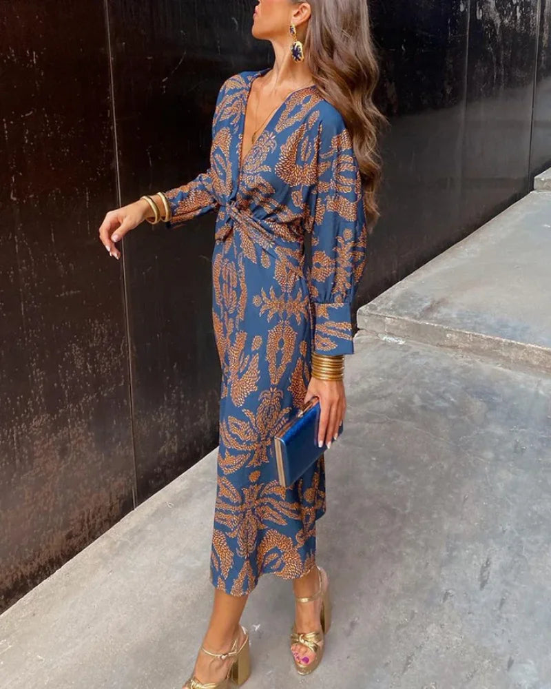 Women's floral print long sleeve maxi dress with V-neck and twisted knot waist
