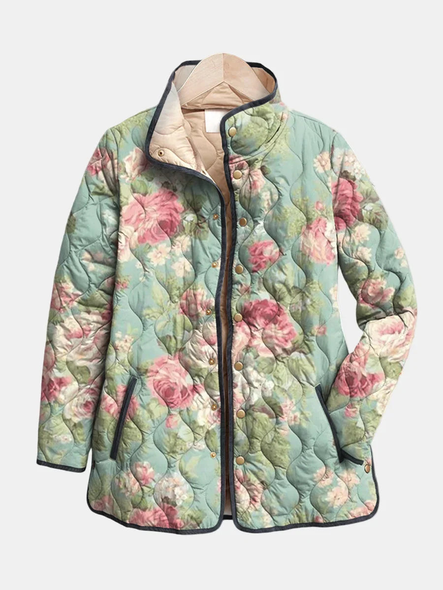 Women's floral quilted jacket with snap-button stand-up collar – Multicolor