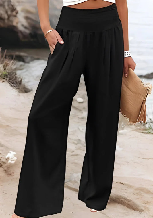Women's flowing womens wide leg pants with smocked high-waist – Black