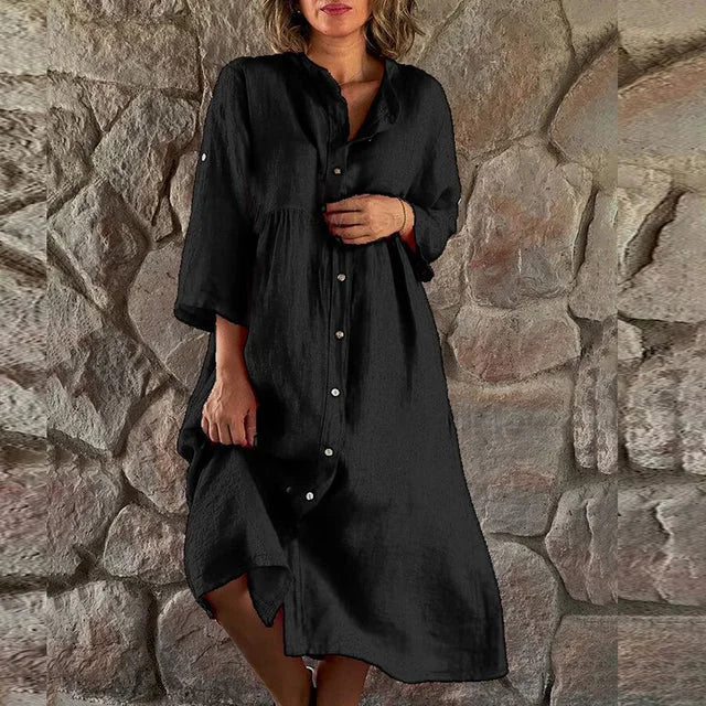 Women's flowy linen button-front midi dress with V-neck and 3/4-sleeve – Black
