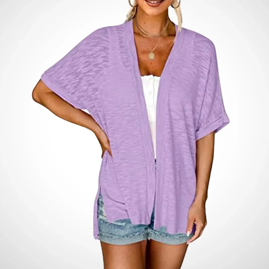 Women's flowy short-sleeve open-front cardigan sweater with side slits – Lavender Purple