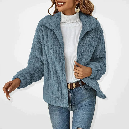 Women's fluffy relaxed-fit fleece jacket with collared full-zip long-sleeve design – Blue