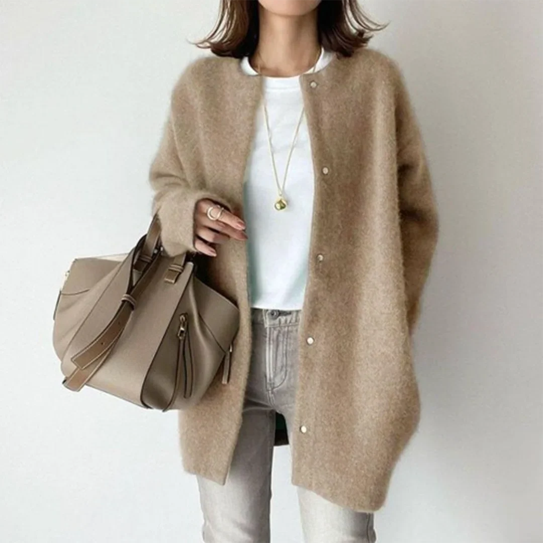 Women's fuzzy knit longline relaxed cardigan with round neck button closure – Khaki