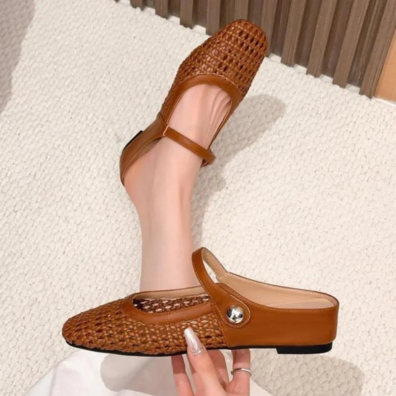 Women's woven Mary Jane flat mules with buckle strap