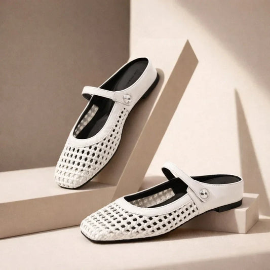 Women's woven Mary Jane flat mules with buckle strap – White