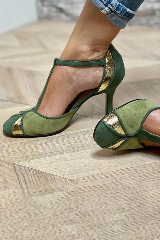 Women's patchwork suede heels with T-strap and closed-toe – Green