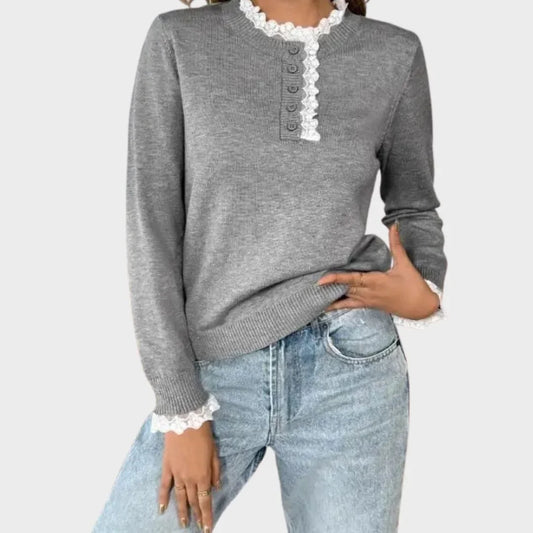 Women's retro long-sleeve knit sweater with lace-trim mock-neck and henley buttons – Grey