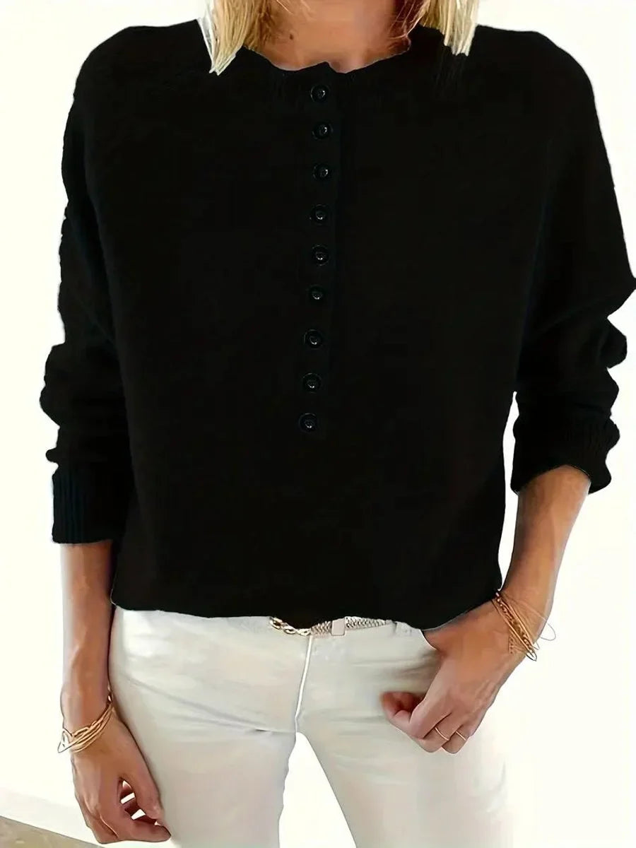 Women's half-button V-neck long sleeve knit sweater