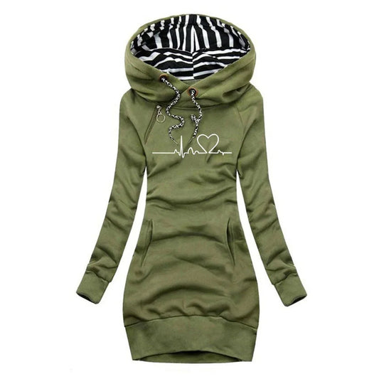 Women's heartbeat print hooded long sleeve dress sweater – Green