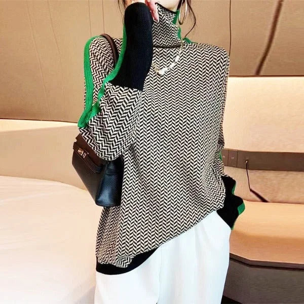 Women's herringbone colorblock long-sleeve sweater with turtleneck