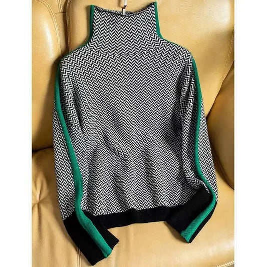 Women's herringbone colorblock long-sleeve sweater with turtleneck – Green