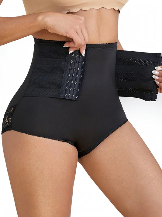 Women's high-waisted compression lace shapewear briefs with hook-and-eye closure
