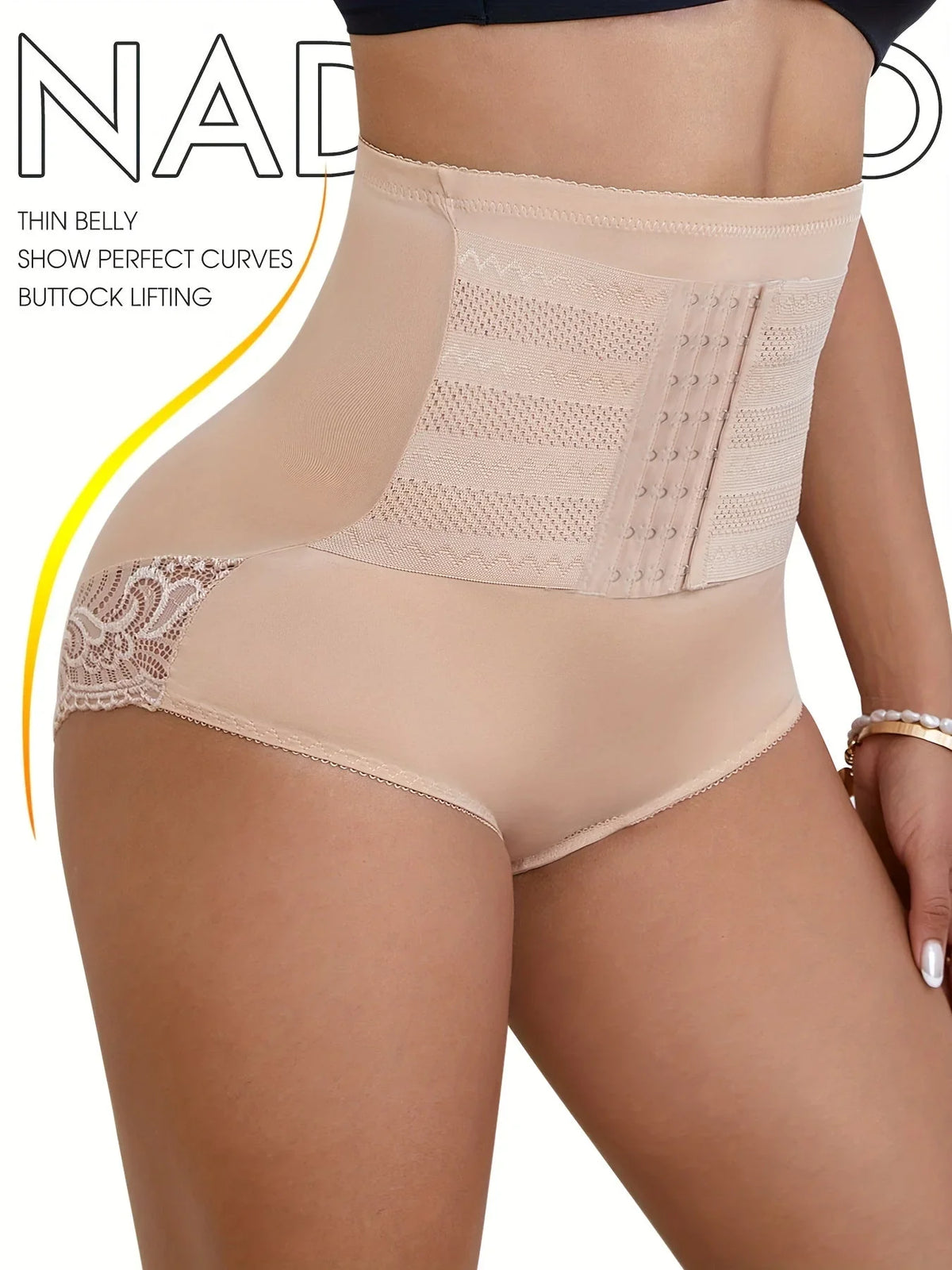 Women's high-waisted compression lace shapewear briefs with hook-and-eye closure