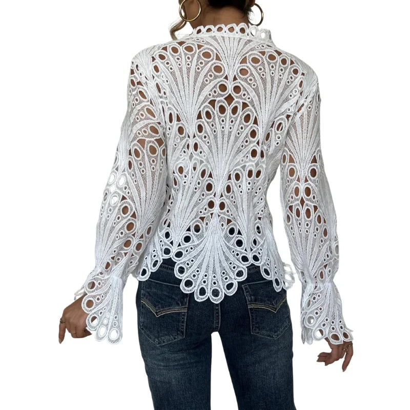 Women's hollow-out lace long sleeve blouse with keyhole high neck
