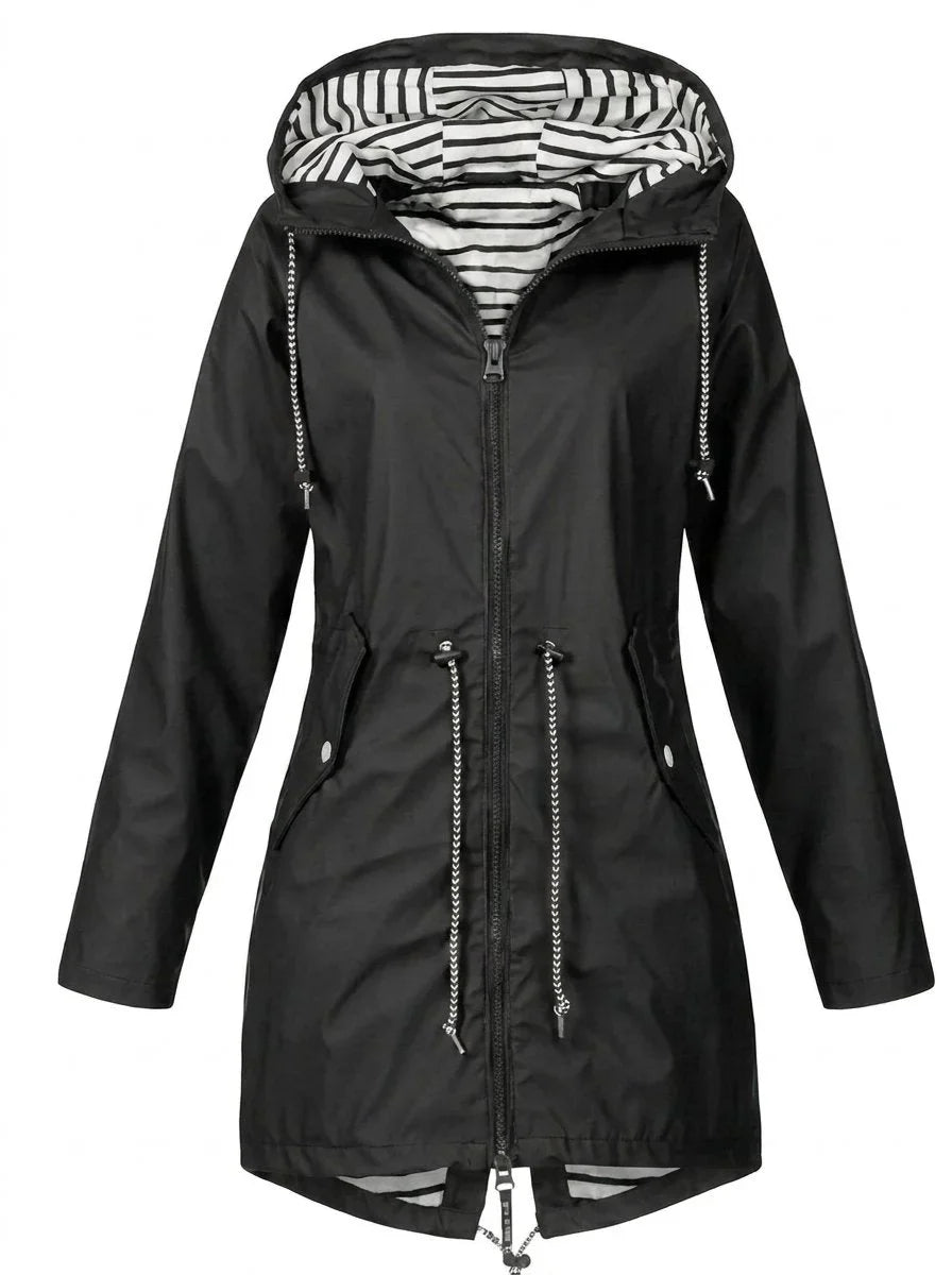 Women's hooded drawstring waterproof rain coat – Black