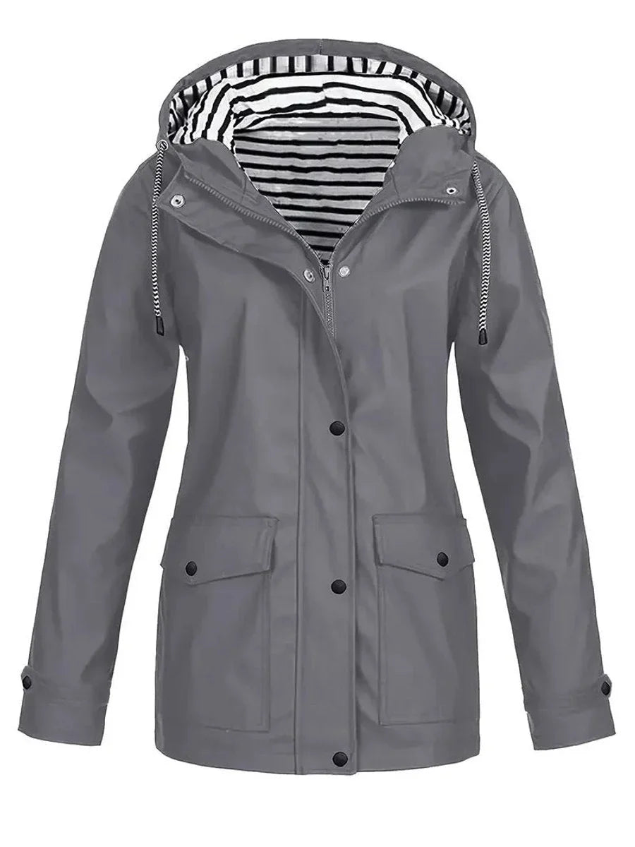 Women's hooded striped-lined zip-up waterproof rain coat – Gray